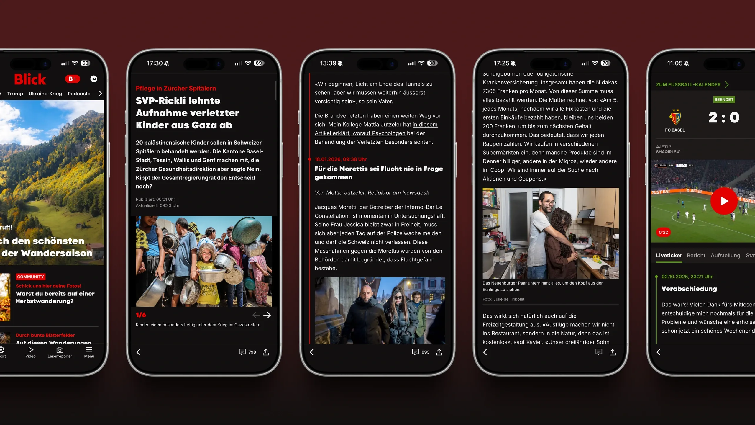 Blick mobile news and sports screens shown in light and dark themes.