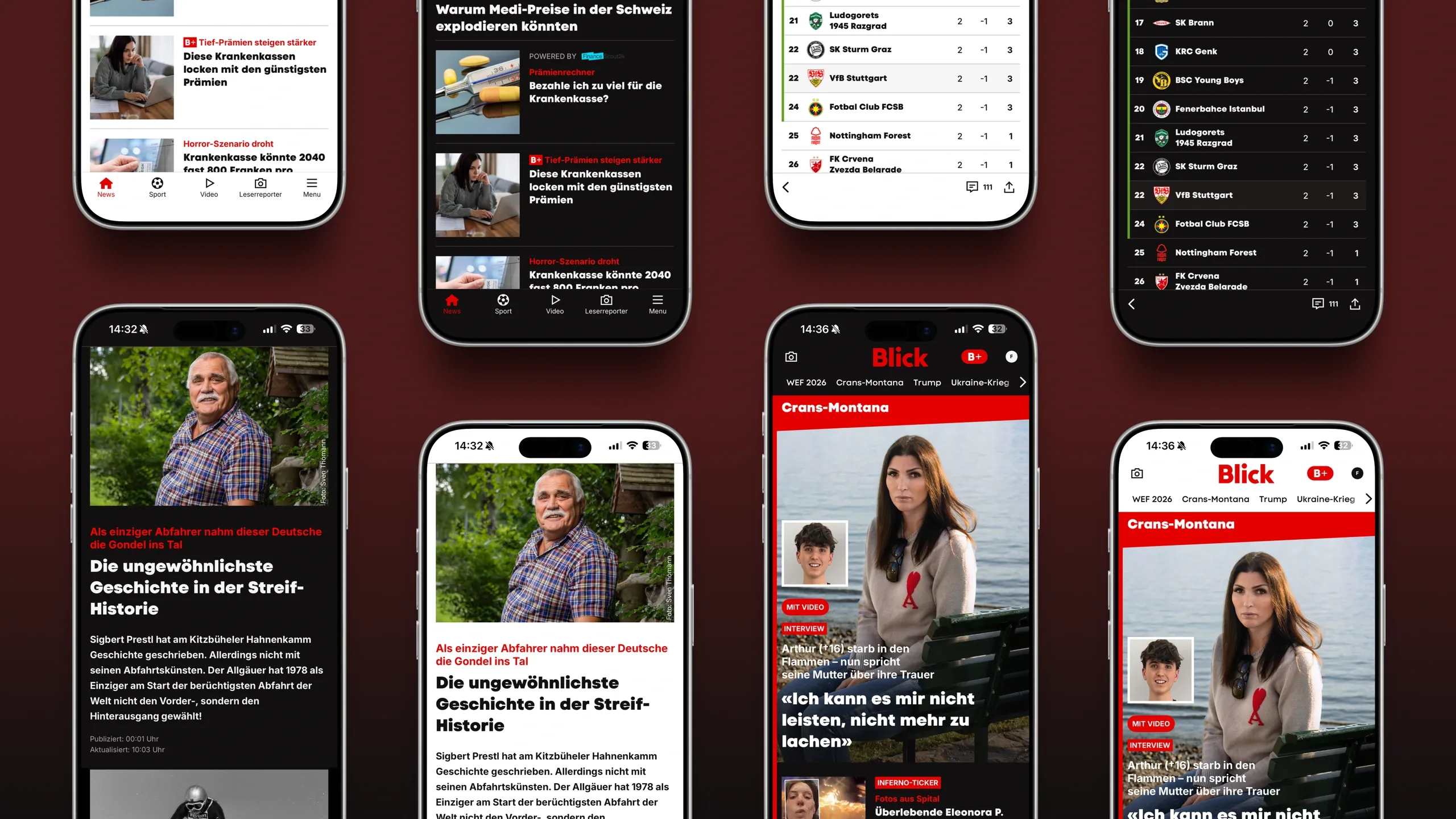 Five Blick mobile news and live sports screens using the dark theme.