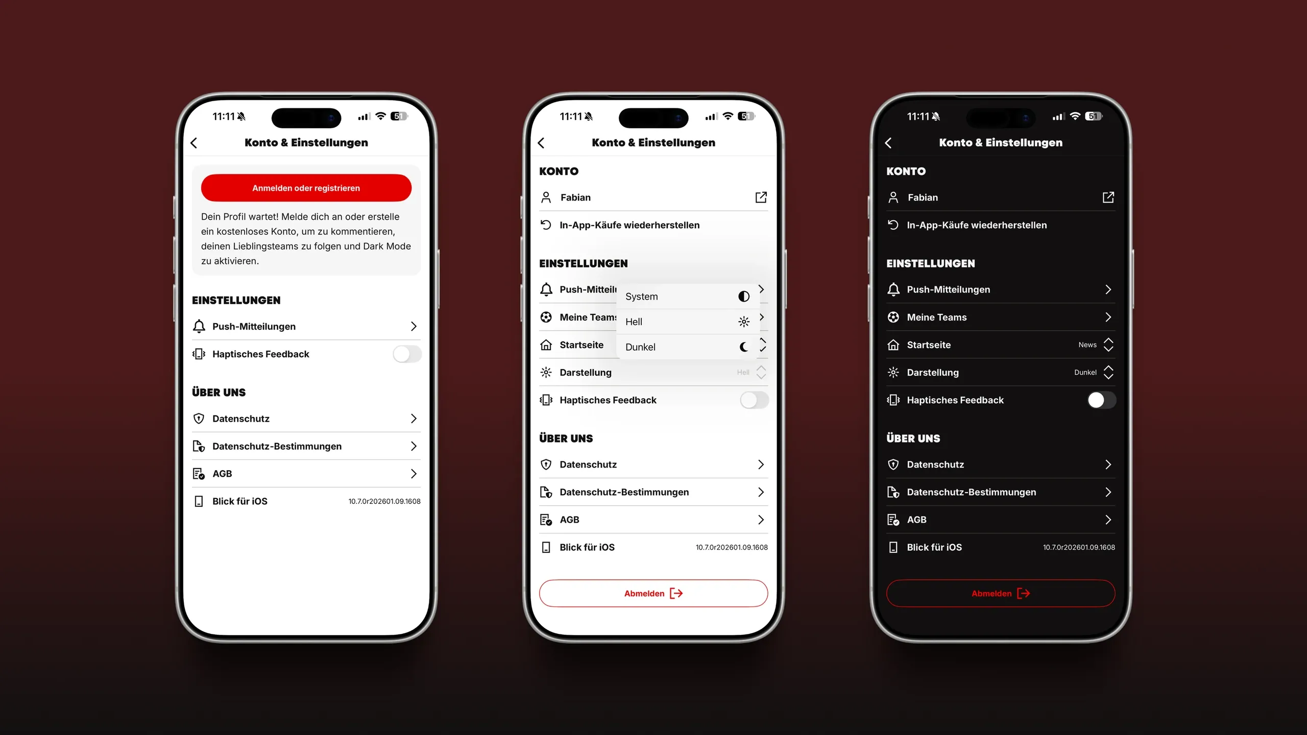Blick account settings screens for signed-out, theme selection, and dark-mode states.
