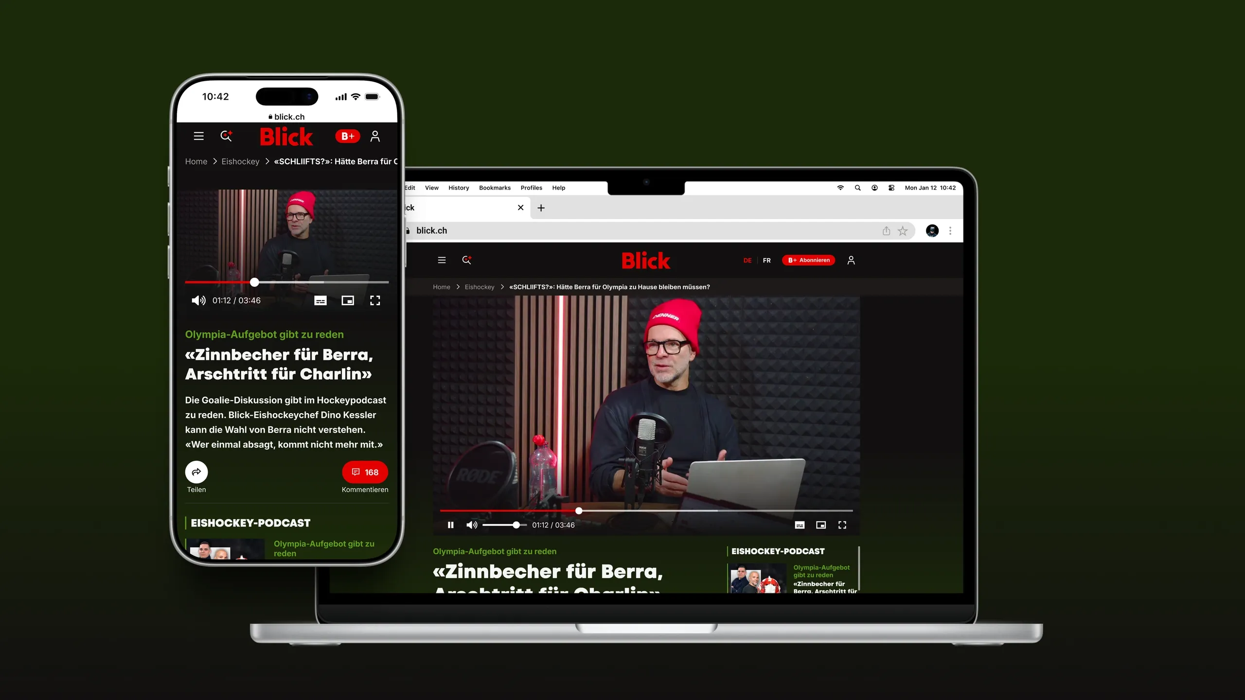 Blick sport article displayed on mobile and desktop in a green sports theme.