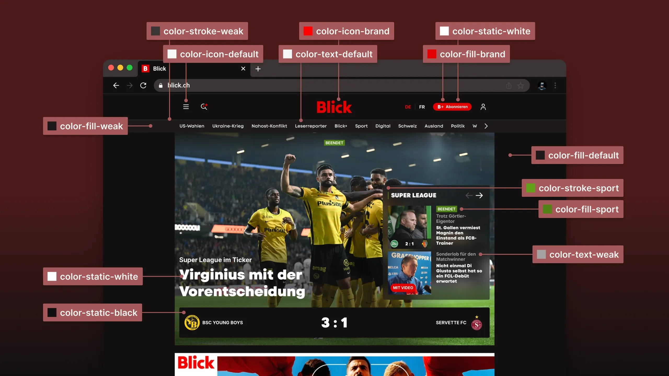 Annotated Blick sport page showing semantic color tokens applied to interface elements.