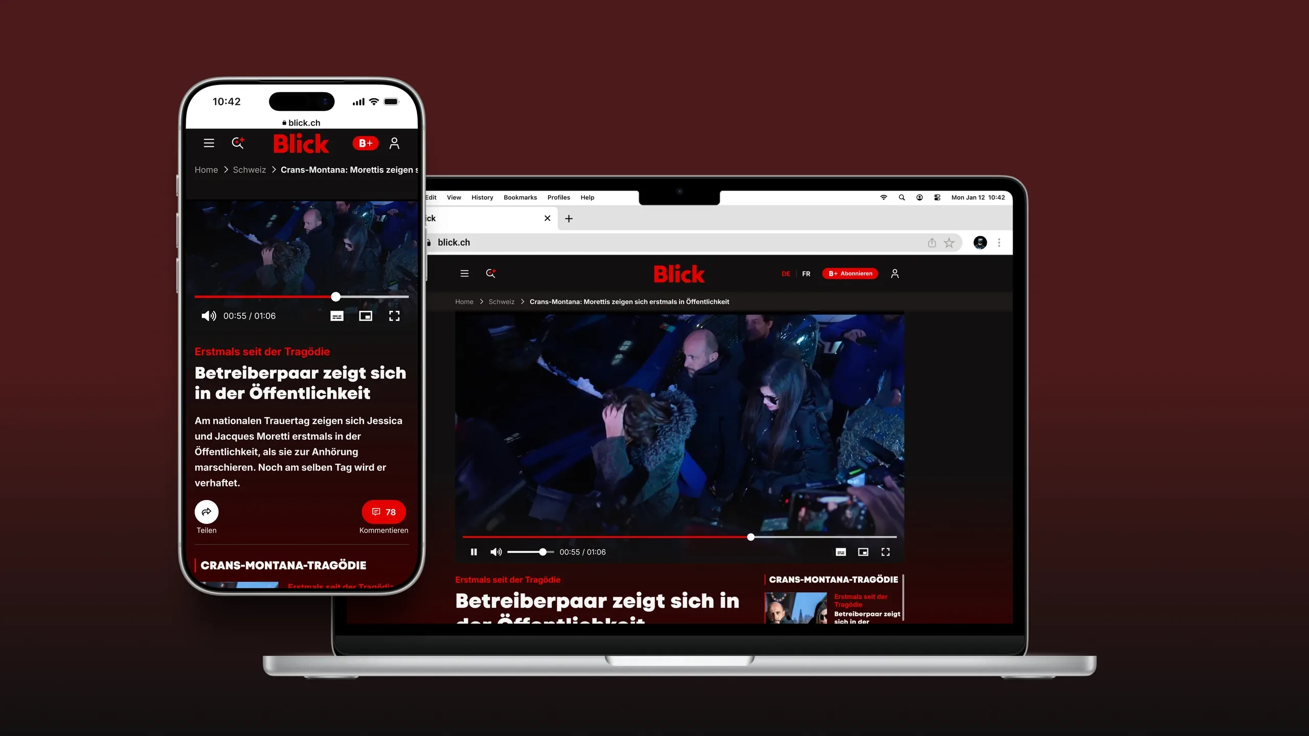Blick video article displayed on mobile and desktop in a deep red video theme.