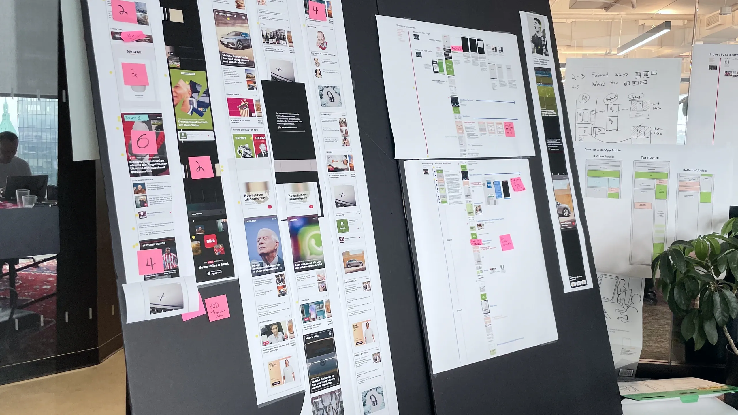 Workshop wall covered with printed Blick interface concepts and annotations.