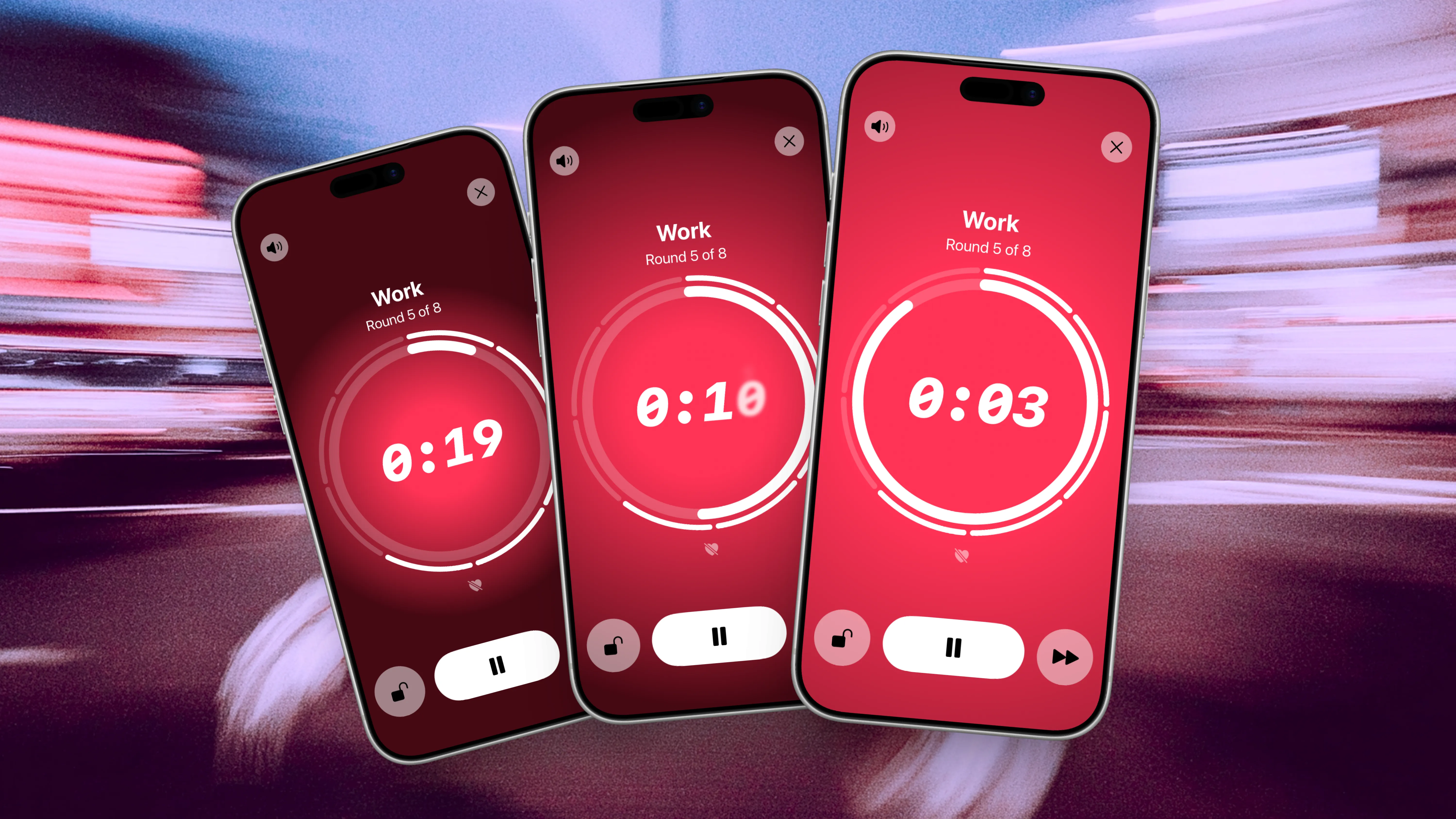 Three iPhone screens showing active work intervals in the Thrive timer app.